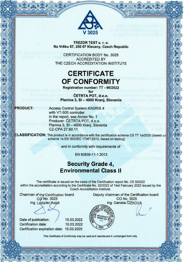 Novice - Sistemi kontrole dostopa certificirani po varnostnem standardu SIST EN 60839-11-1:2013 (razred 4)